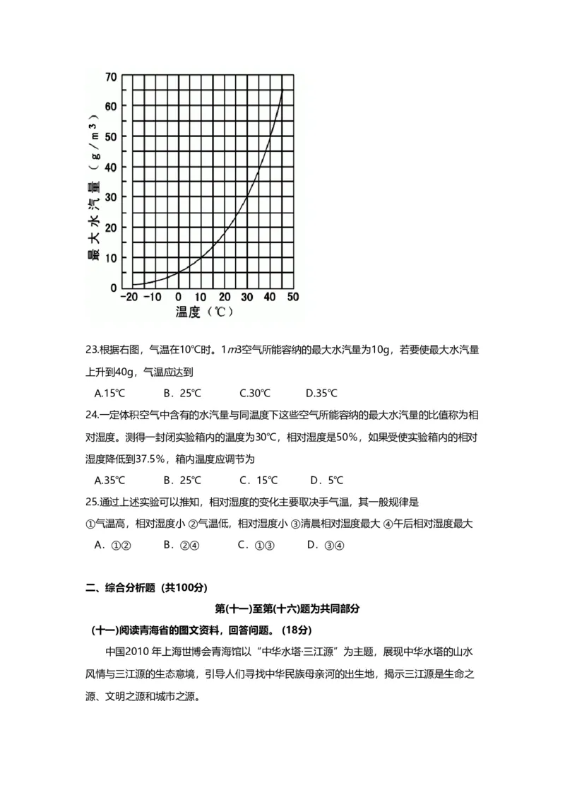 2010年上海市高中毕业统一学业考试地理试卷（原卷版）_全国卷+地方卷_8.地理_1.地理高考真题试卷_2008-2020年_地方卷_上海高考地理真题03,05-20
