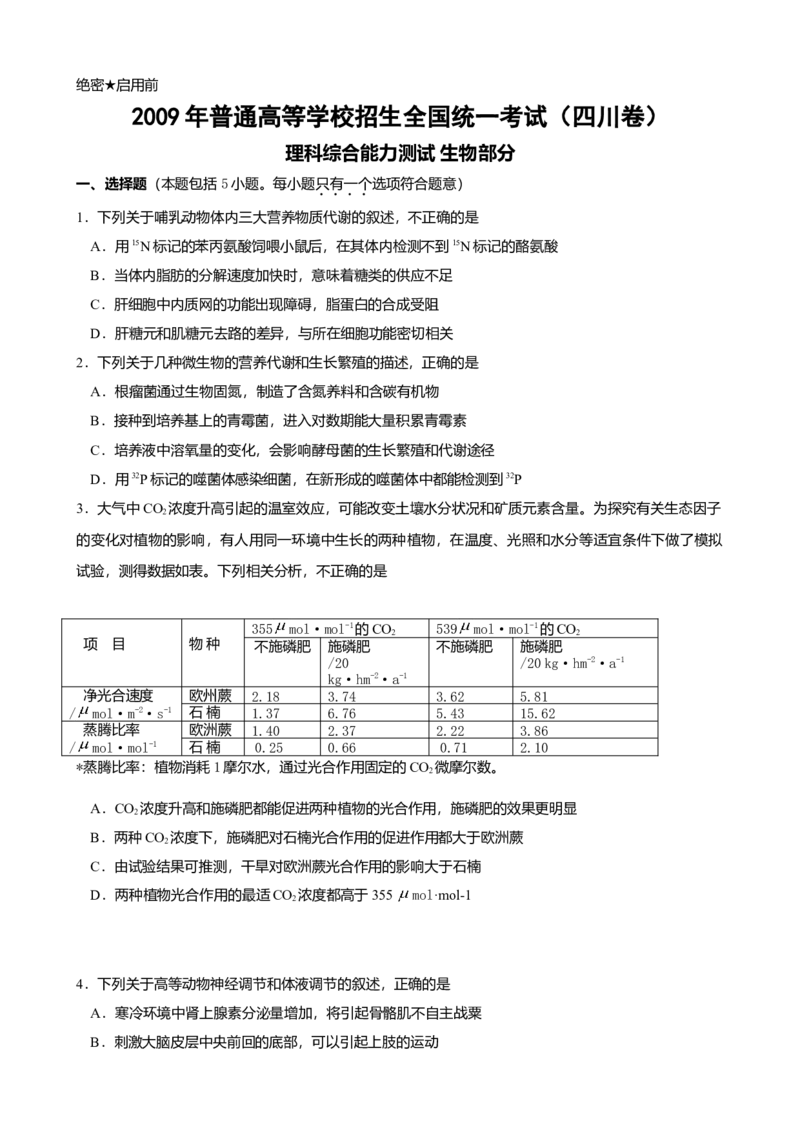 2009年四川省高考生物试卷及答案_全国卷+地方卷_6.生物_1.生物高考真题试卷_2008-2020年_地方卷_四川高考生物08-20