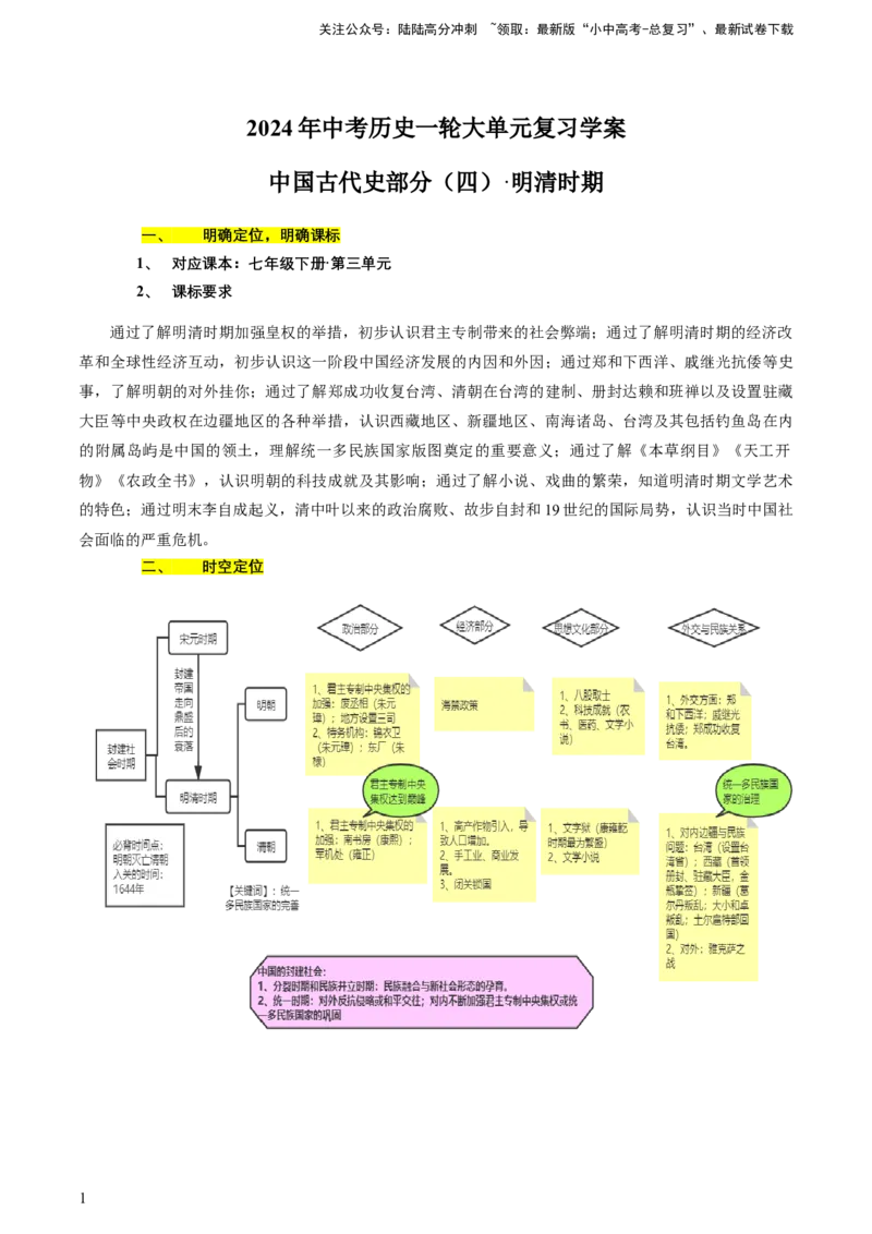 专题04+中古04：明清时期-大单元复习2024年中考历史一轮复习必考知识梳理与考法点拨（部编版）++_02中考总复习（2026版更新中）_06-历史-中考总复习_2024年中考复习资料_一轮复习