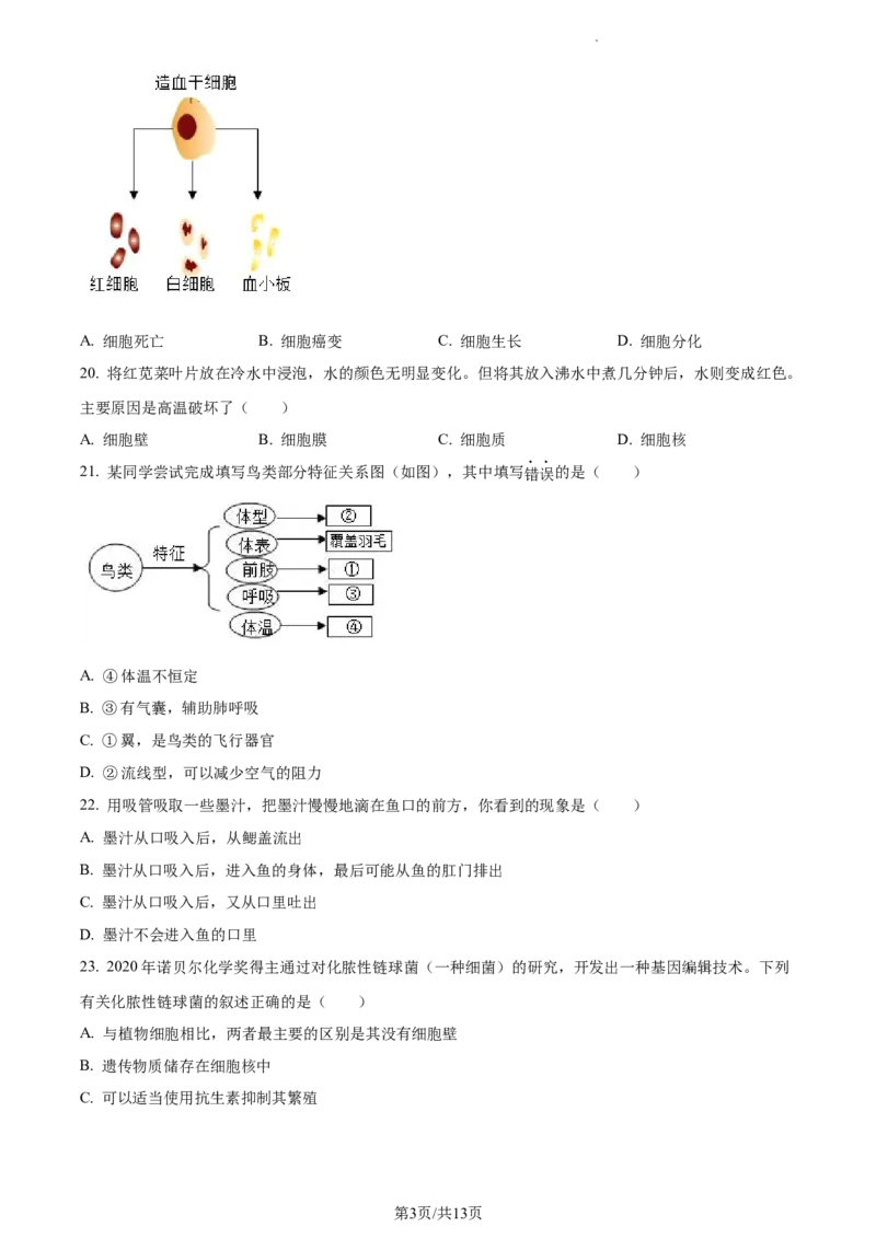 精品解析：2023年江苏省无锡市学考生物真题（原卷版）_江苏省中考_01江苏省13市中考历年真题2008-2025新_、中考全套_江苏省中考历年真题_江苏中考生物(2010年-2024年）