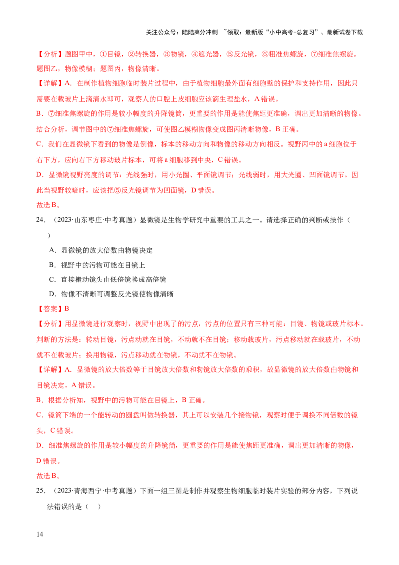 专题02生物体的结构层次（全国通用）（解析版）_02中考总复习（2026版更新中）_08-生物-中考总复习_2026年中考复习（更新中）