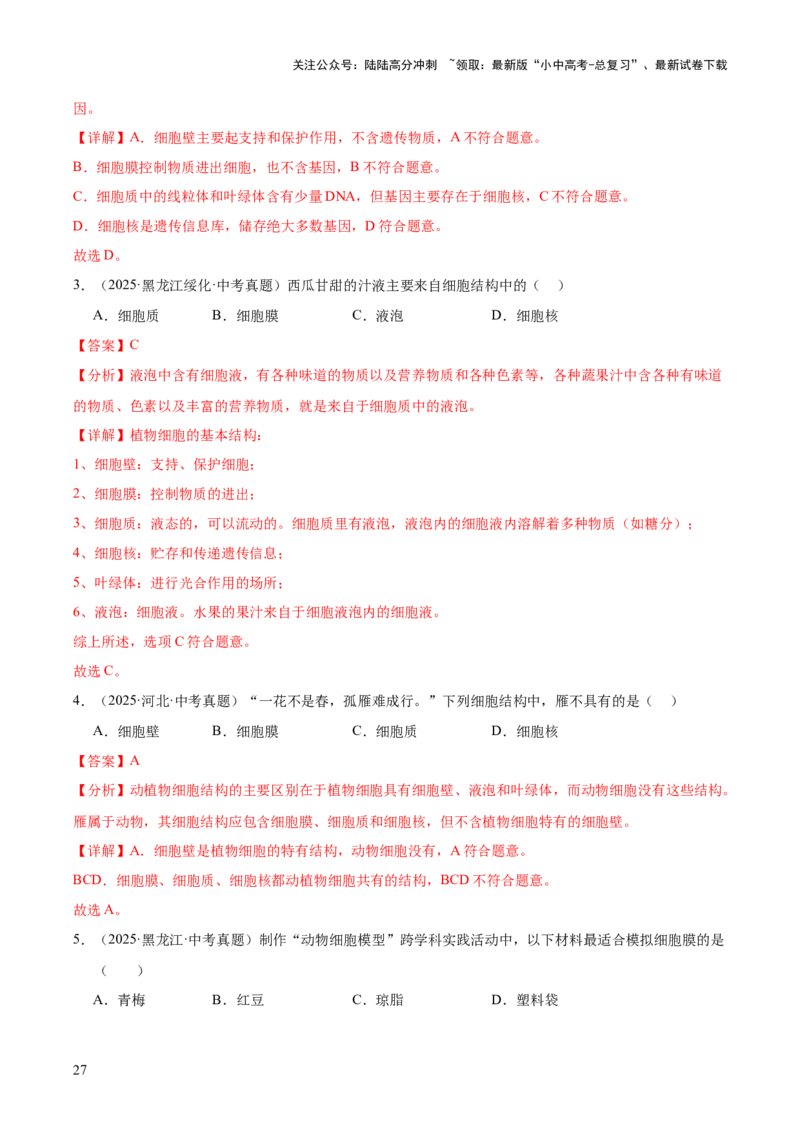 专题02生物体的结构层次（全国通用）（解析版）_02中考总复习（2026版更新中）_08-生物-中考总复习_2026年中考复习（更新中）