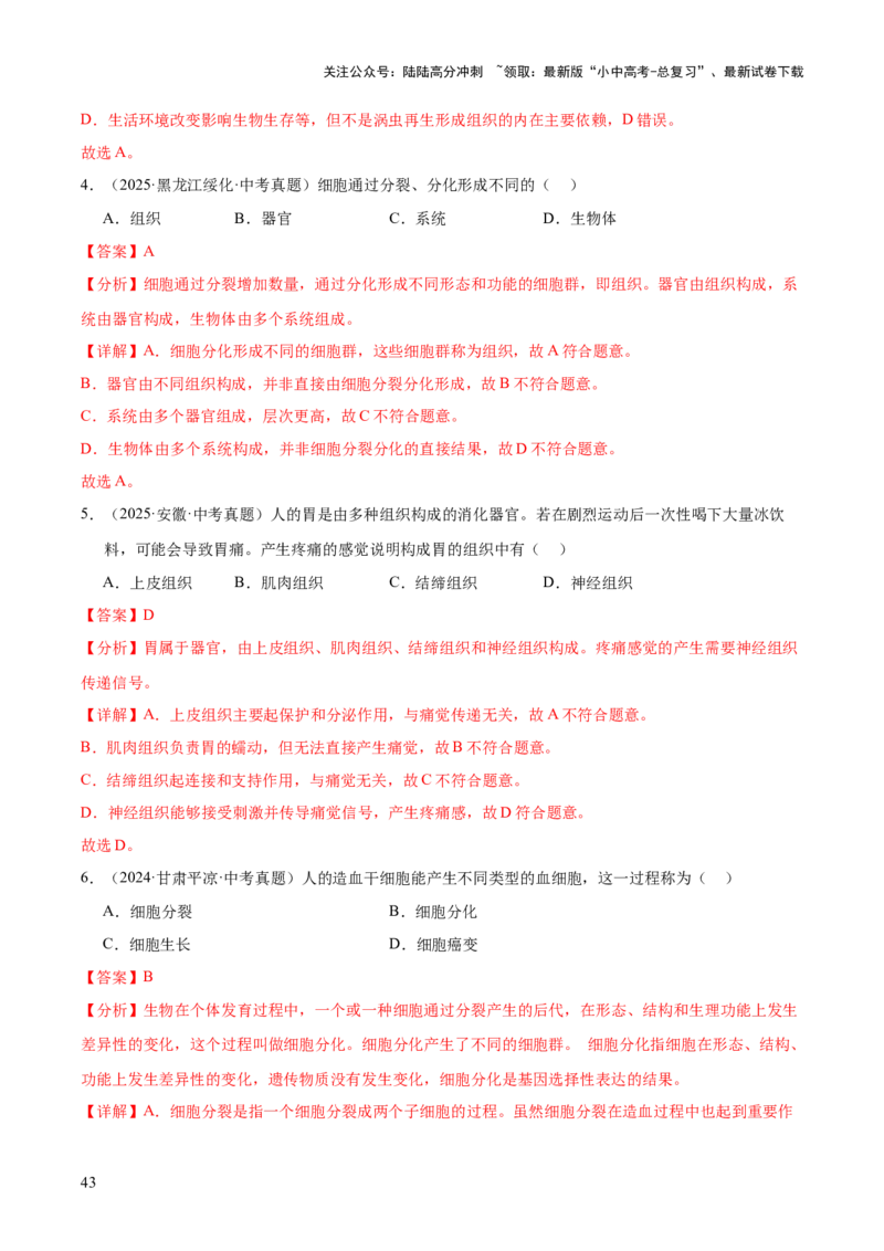 专题02生物体的结构层次（全国通用）（解析版）_02中考总复习（2026版更新中）_08-生物-中考总复习_2026年中考复习（更新中）