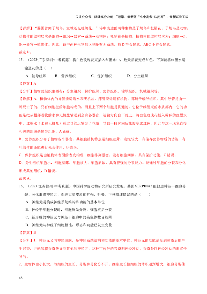 专题02生物体的结构层次（全国通用）（解析版）_02中考总复习（2026版更新中）_08-生物-中考总复习_2026年中考复习（更新中）
