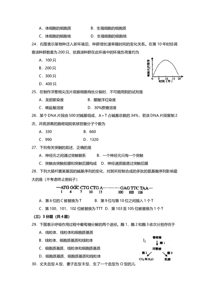2008年上海市高中毕业统一学业考试生物试卷（word解析版）_全国卷+地方卷_6.生物_1.生物高考真题试卷_2008-2020年_地方卷_上海高考生物真题01-20
