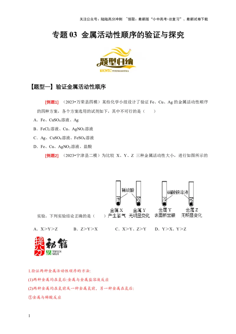 专题03金属活动性顺序的验证与探究（原卷版）_02中考总复习（2026版更新中）_05-化学-中考总复习_2024年中考复习资料_二轮复习资料_2024年中考化学二轮专项复习核心考点讲解与必刷题型
