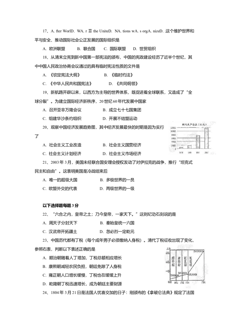 2005年上海市高中毕业统一学业考试历史试卷（原卷版）_全国卷+地方卷_7.历史_1.历史高考真题试卷_2008-2020年_地方卷_上海高考历史真题05-17