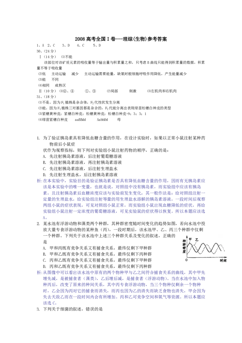 2008年浙江省高考生物（解析版）_全国卷+地方卷_6.生物_1.生物高考真题试卷_2008-2020年_地方卷_浙江高考生物08-21_A4word版_PDF版（赠送）