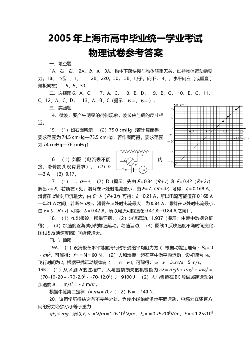 2005年上海市高中毕业统一学业考试物理试卷（答案版）_全国卷+地方卷_4.物理_1.物理高考真题试卷_2008-2020年_地方卷_上海高考物理真题1999-2020