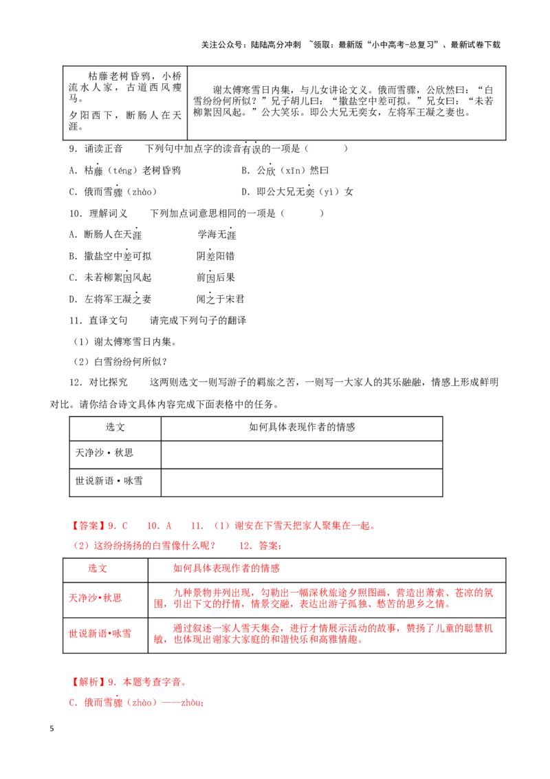 专题02咏雪（解析版）－备战2024年中考语文之文言文对比阅读（全国通用）_02中考总复习（2026版更新中）_01-语文-中考总复习_2024年中考资料_专项复习资料_答案解析版