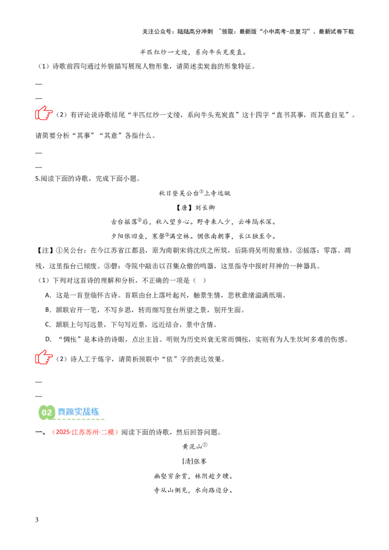专题02：古诗词鉴赏之&ldquo;炼字&rdquo;(练习）原卷版_02中考总复习（2026版更新中）_01-语文-中考总复习_2026年中考复习（更新中）