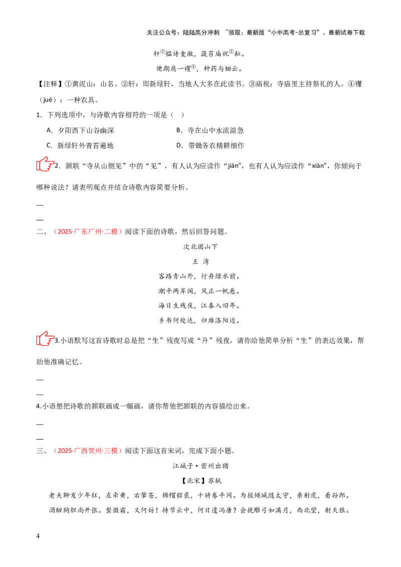 专题02：古诗词鉴赏之&ldquo;炼字&rdquo;(练习）原卷版_02中考总复习（2026版更新中）_01-语文-中考总复习_2026年中考复习（更新中）