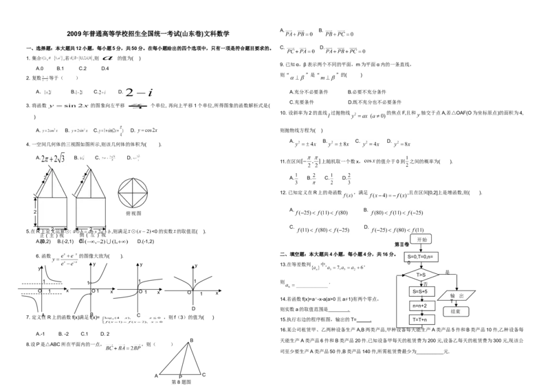 2009年高考真题数学文（山东卷）（原卷版）_全国卷+地方卷_2.数学_1.数学高考真题试卷_2008-2020年_地方卷_山东高考数学08-22_A3版
