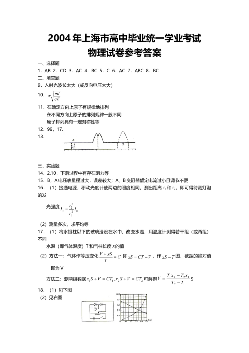 2004年上海市高中毕业统一学业考试物理试卷（答案版）_全国卷+地方卷_4.物理_1.物理高考真题试卷_2008-2020年_地方卷_上海高考物理真题1999-2020