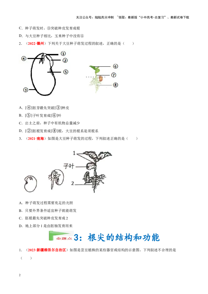 专题03&nbsp;绿色开花植物的一生（原卷版）_02中考总复习（2026版更新中）_08-生物-中考总复习_2024年中考复习资料_专项复习_完三年（2021-2023）中考生物真题分项汇编（全国通用）