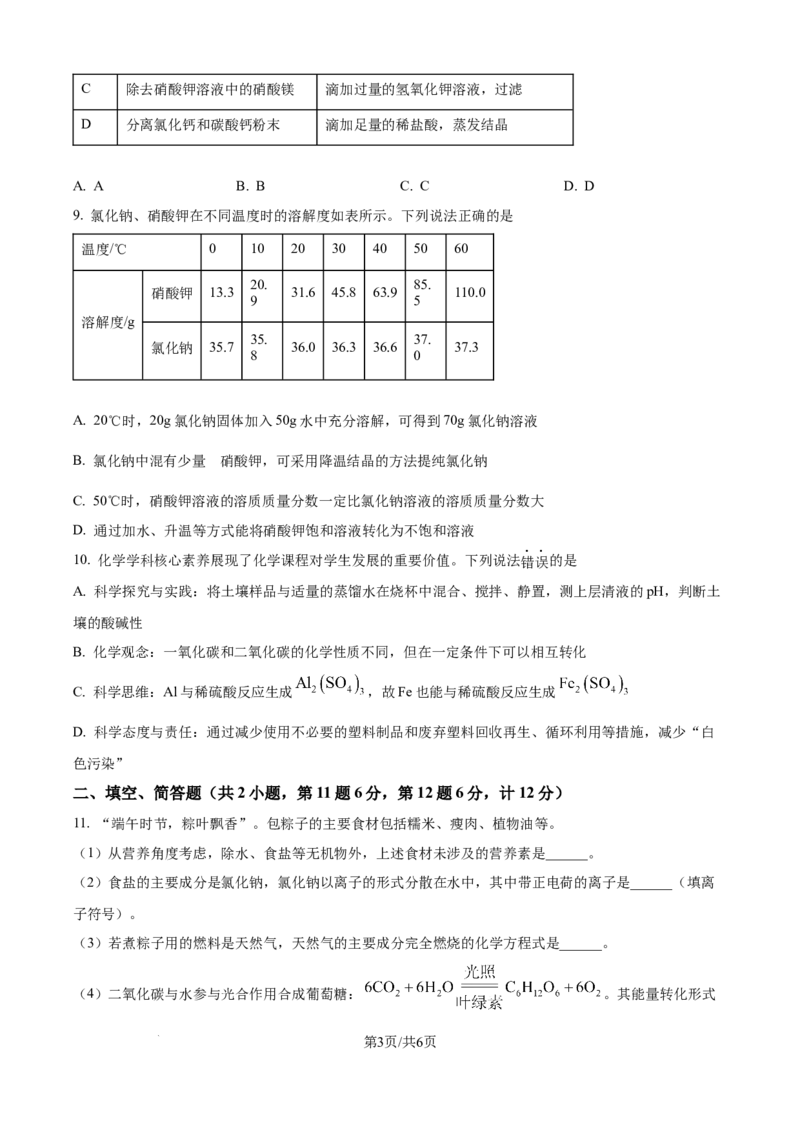 精品解析：2024年江苏省宿迁市中考化学真题（原卷版）_江苏省中考_01江苏省13市中考历年真题2008-2025新_、中考全套_江苏省中考历年真题_江苏省中考化学2008-2024