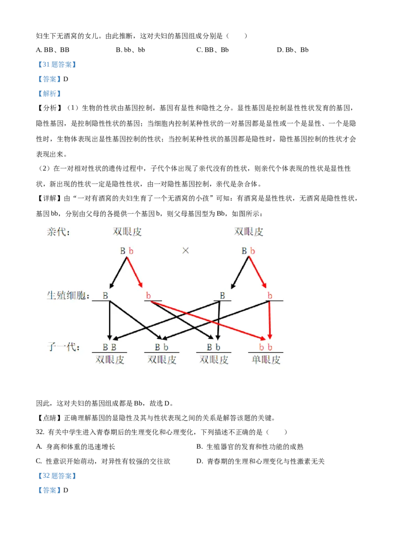 精品解析：江苏省淮安市2020年中考生物试题（解析版）_江苏省中考_01江苏省13市中考历年真题2008-2025新_、中考全套_江苏省中考历年真题_江苏中考生物(2010年-2024年）_淮安生物真题
