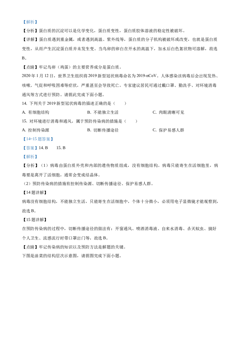 精品解析：江苏省淮安市2020年中考生物试题（解析版）_江苏省中考_01江苏省13市中考历年真题2008-2025新_、中考全套_江苏省中考历年真题_江苏中考生物(2010年-2024年）_淮安生物真题