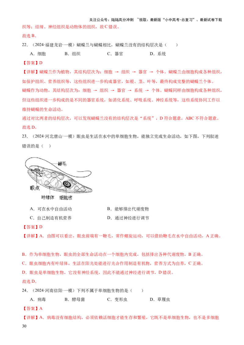 专题02生物体的结构层次（2大模板）（解析版）_02中考总复习（2026版更新中）_08-生物-中考总复习_2025中考复习资料_2025年中考生物答题方法模板