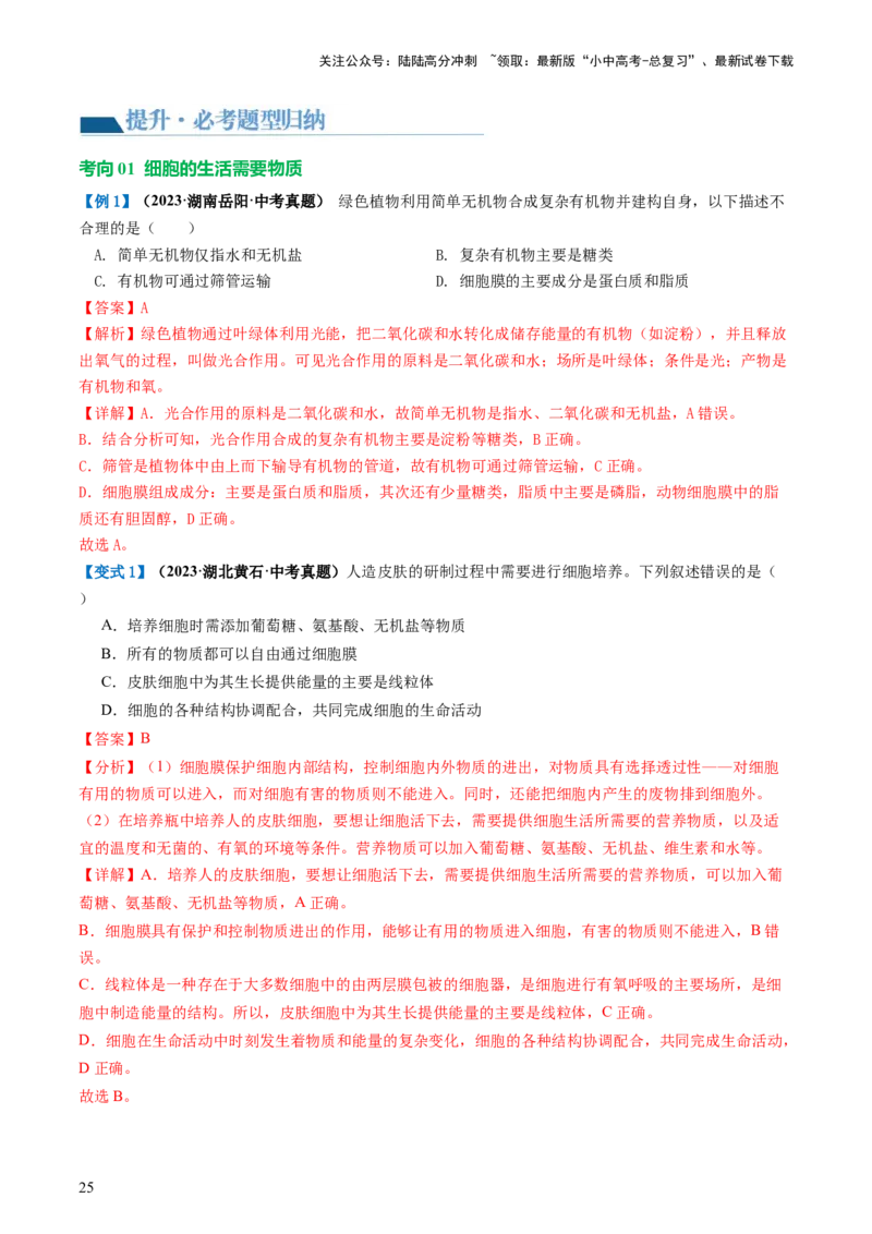 专题02细胞是生命活动的基本单位（讲义）（解析版）_02中考总复习（2026版更新中）_08-生物-中考总复习_2024年中考复习资料_一轮复习_❤2024年中考生物一轮复习讲练测（全国通用）_讲义
