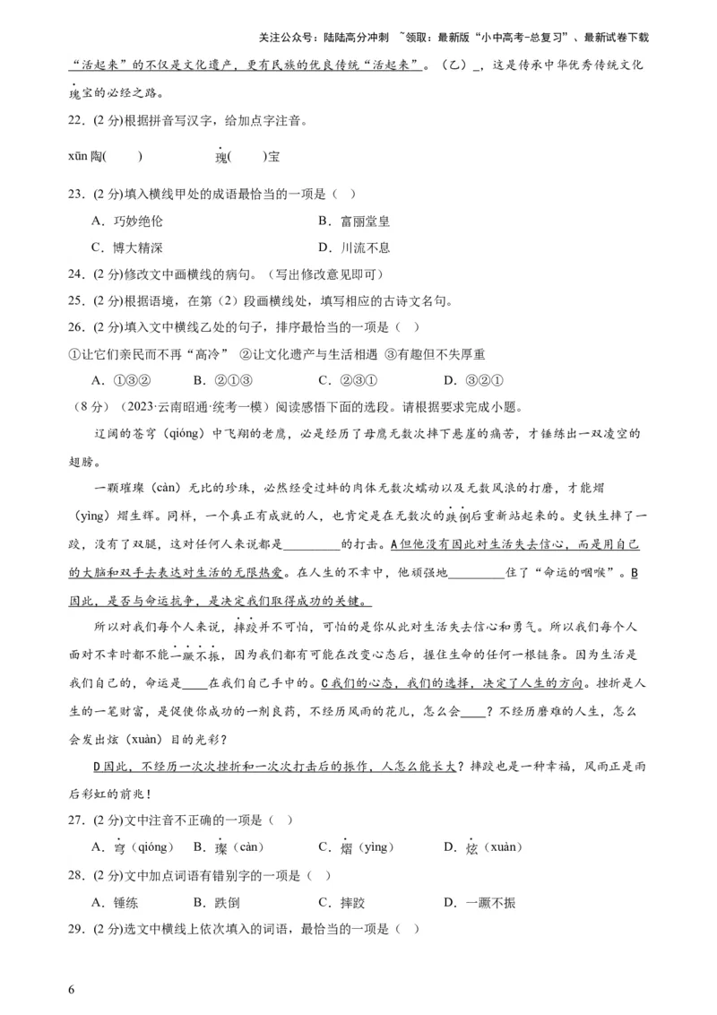专题03病句的辨析与修改（模拟精选）（测试）-2024年中考语文二轮复习讲练测（全国通用）（原卷版）_02中考总复习（2026版更新中）_01-语文-中考总复习_2024年中考资料_二轮复习_讲义