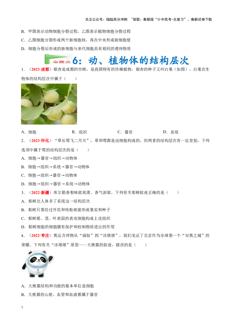 专题02&nbsp;生物体的结构层次（原卷版）_02中考总复习（2026版更新中）_08-生物-中考总复习_2024年中考复习资料_专项复习_完三年（2021-2023）中考生物真题分项汇编（全国通用）