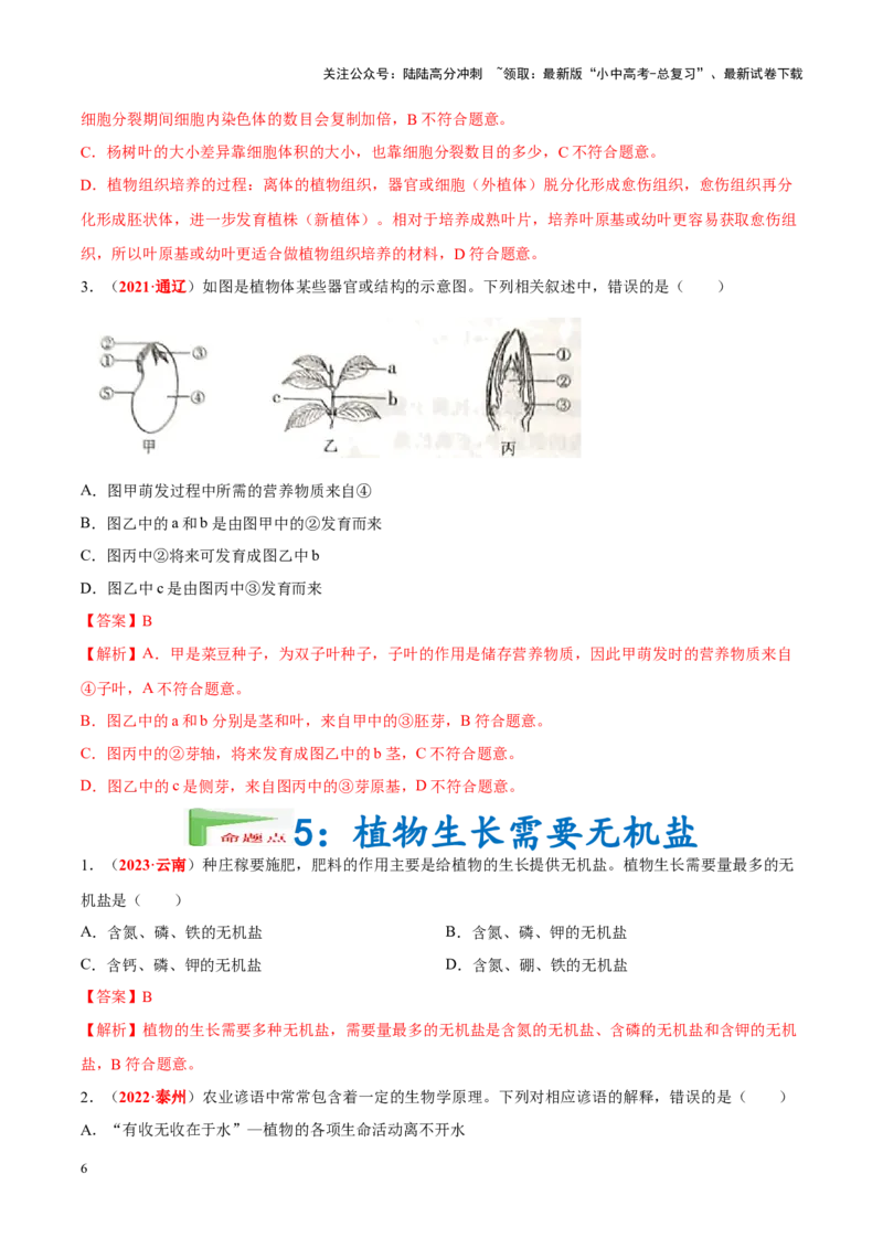 专题03&nbsp;绿色开花植物的一生（解析版）_02中考总复习（2026版更新中）_08-生物-中考总复习_2024年中考复习资料_专项复习_完三年（2021-2023）中考生物真题分项汇编（全国通用）