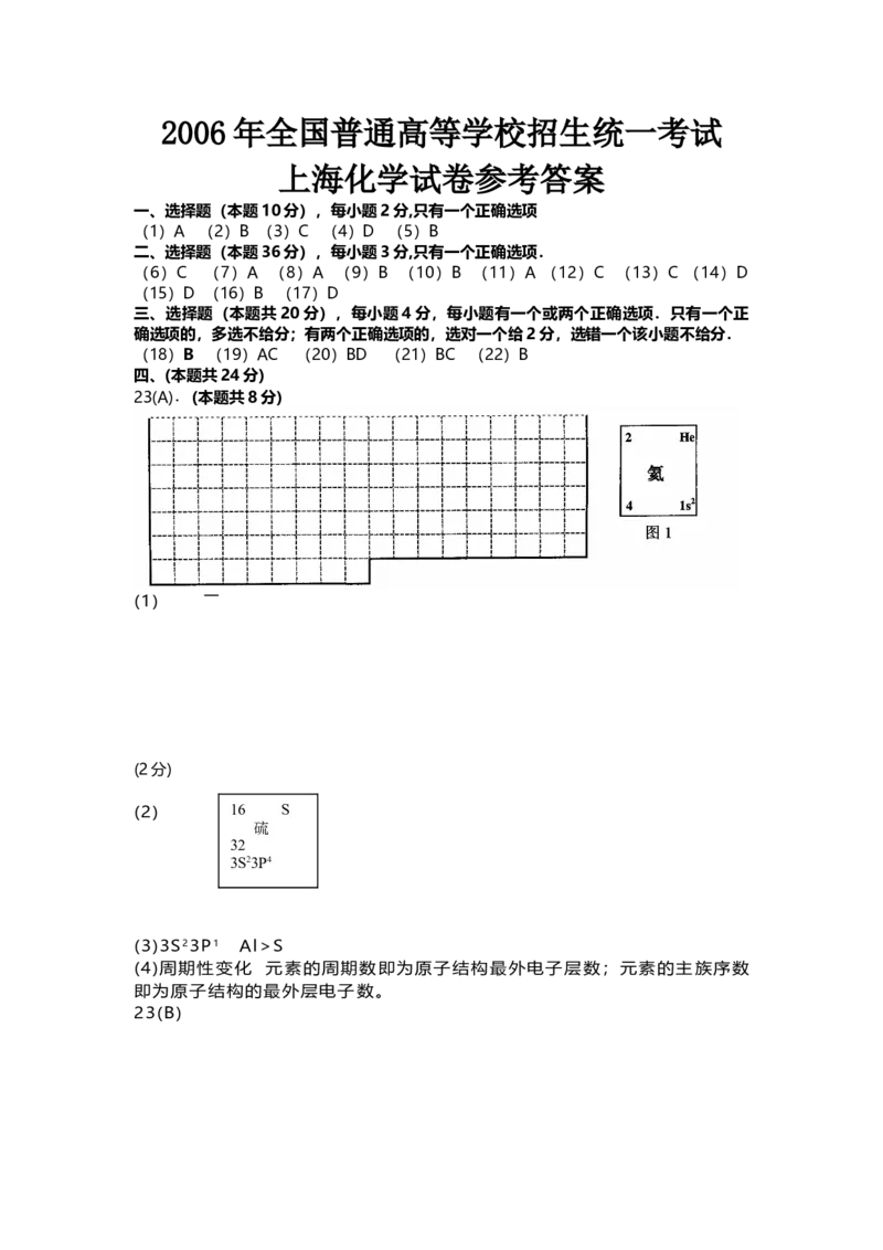 2006年上海市高中毕业统一学业考试化学试卷（答案版）_全国卷+地方卷_5.化学_1.化学高考真题试卷_2008-2020年_地方卷_上海高考化学真题2001-2019