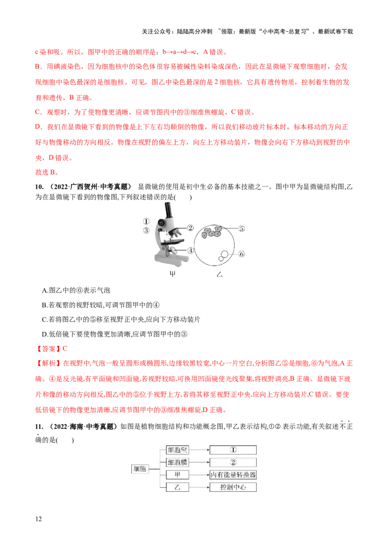 专题02细胞是生命活动的基本单位（练习）（解析版）_02中考总复习（2026版更新中）_08-生物-中考总复习_2024年中考复习资料_一轮复习_❤2024年中考生物一轮复习讲练测（全国通用）_练习