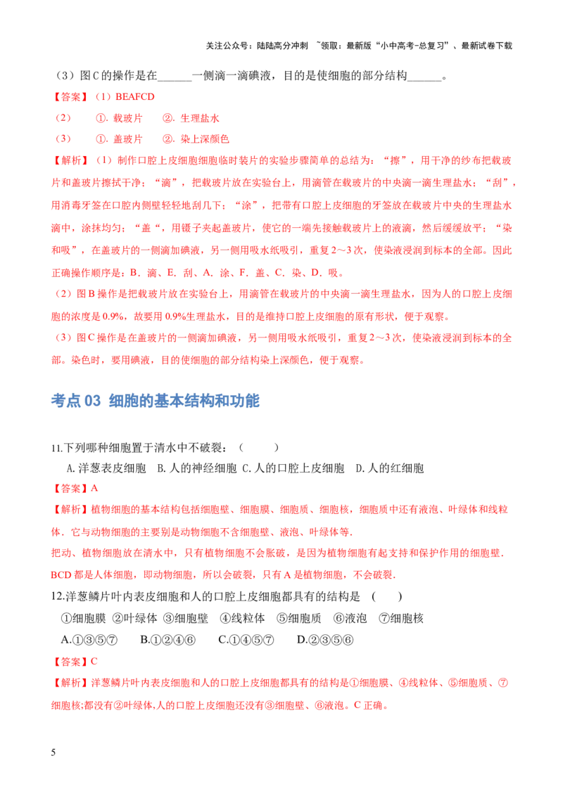 专题02细胞是生命活动的基本单位（练习）（解析版）_02中考总复习（2026版更新中）_08-生物-中考总复习_2024年中考复习资料_一轮复习_❤2024年中考生物一轮复习讲练测（全国通用）_练习