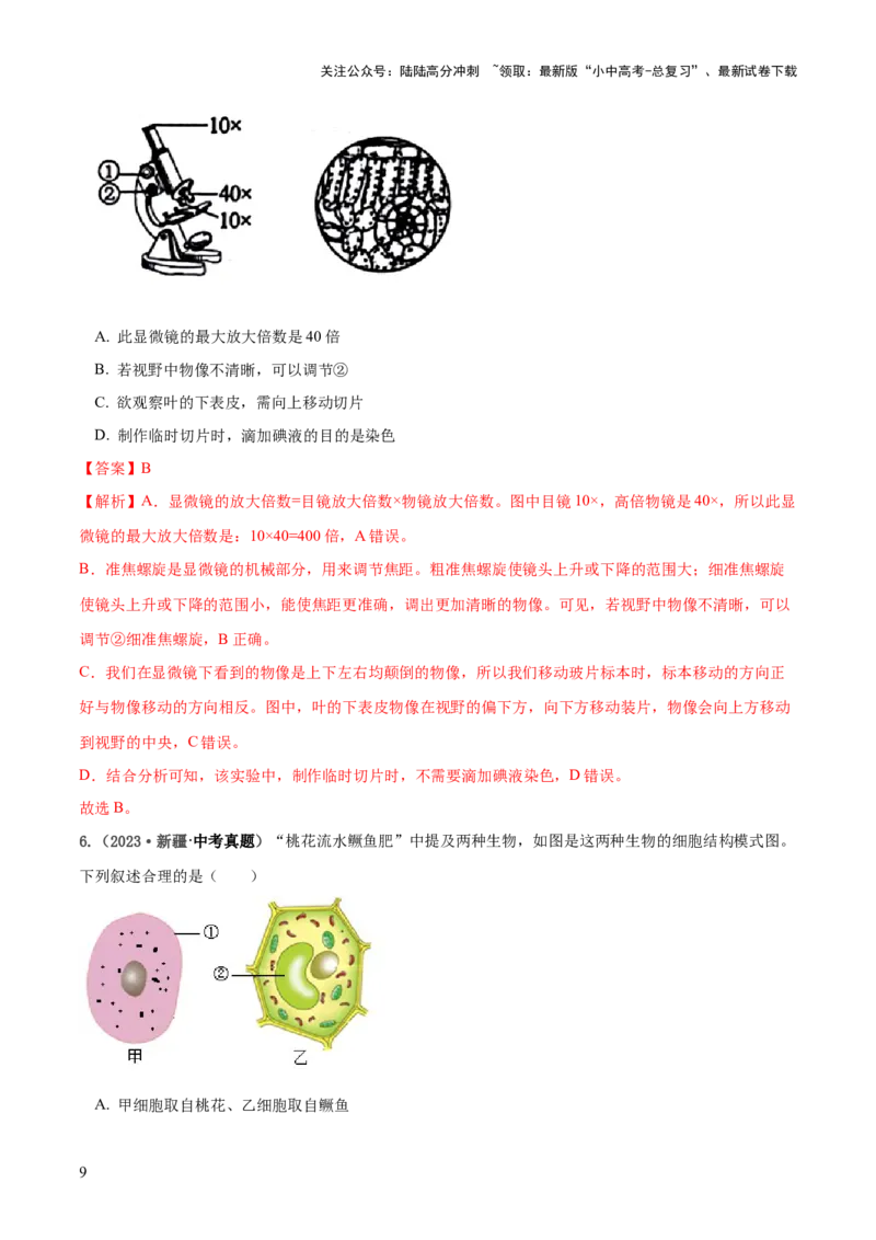 专题02细胞是生命活动的基本单位（练习）（解析版）_02中考总复习（2026版更新中）_08-生物-中考总复习_2024年中考复习资料_一轮复习_❤2024年中考生物一轮复习讲练测（全国通用）_练习