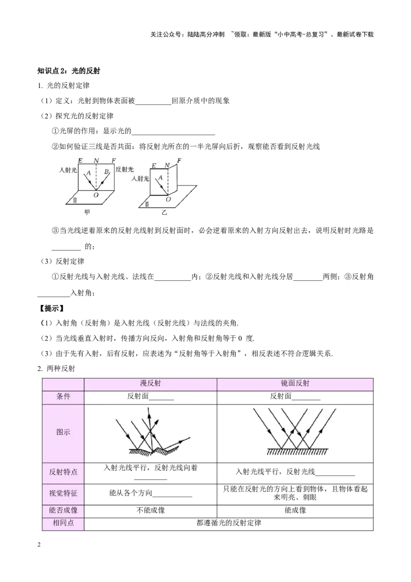 专题02光现象（原卷版）_02中考总复习（2026版更新中）_04-物理-中考总复习_2024年中考复习资料_一轮复习_完备战2024年中考物理一轮复习考点帮（全国通用）