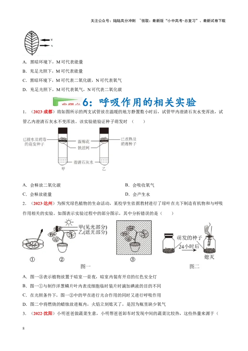 专题04&nbsp;绿色植物的蒸腾作用、光合作用和呼吸作用（原卷版）_02中考总复习（2026版更新中）_08-生物-中考总复习_2024年中考复习资料_专项复习