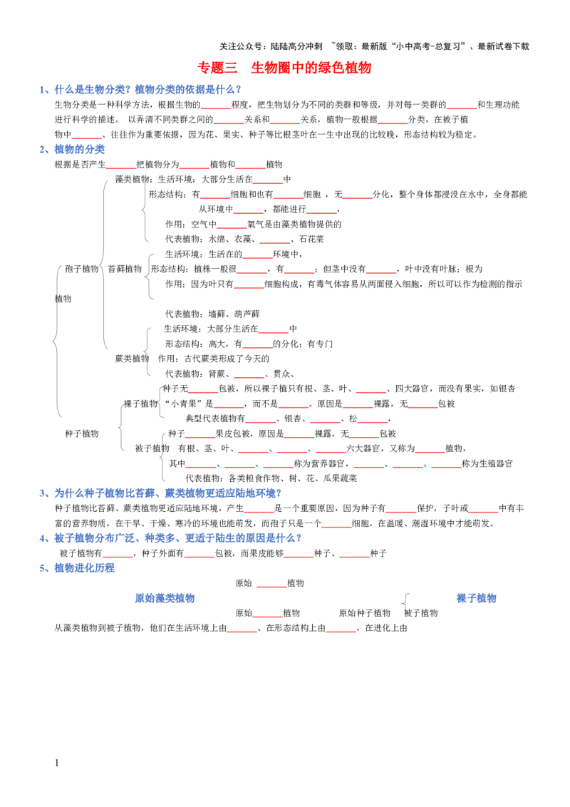 专题03生物圈中的绿色植物(填空版)_02中考总复习（2026版更新中）_08-生物-中考总复习_2025中考复习资料_2025年中考生物知识梳理_专题03生物圈中的绿色植物_专题03生物圈中的绿色植物