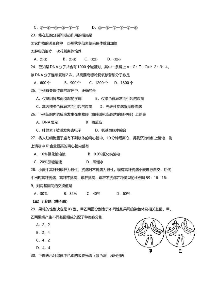 2007年上海市高中毕业统一学业考试生物试卷（答案版）_全国卷+地方卷_6.生物_1.生物高考真题试卷_2008-2020年_地方卷_上海高考生物真题01-20