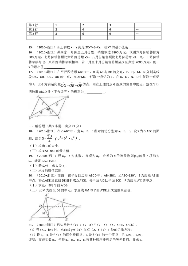 2010年浙江省高考数学文（解析版）_全国卷+地方卷_2.数学_1.数学高考真题试卷_2008-2020年_地方卷_浙江高考数学08-23_A4word版