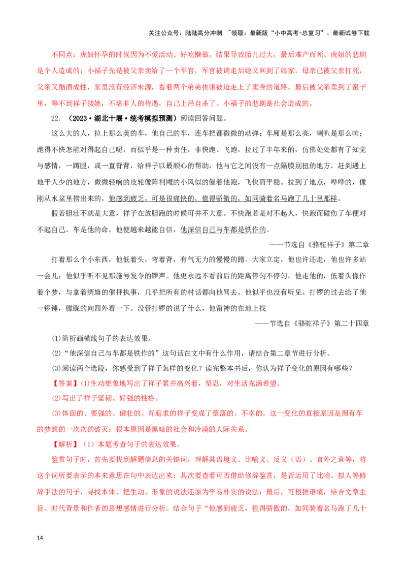 专题03《骆驼祥子》真题精练（单一题）（解析版）－备战2024年中考语文名著阅读知识（考点）梳理+真题演练_02中考总复习（2026版更新中）_01-语文-中考总复习_2024年中考资料_答案解析版