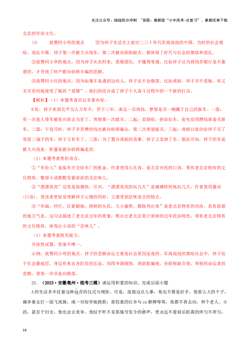 专题03《骆驼祥子》真题精练（单一题）（解析版）－备战2024年中考语文名著阅读知识（考点）梳理+真题演练_02中考总复习（2026版更新中）_01-语文-中考总复习_2024年中考资料_答案解析版