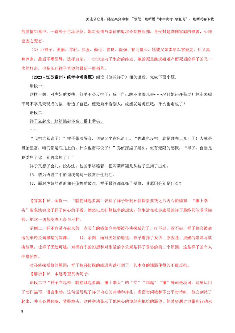 专题03《骆驼祥子》真题精练（单一题）（解析版）－备战2024年中考语文名著阅读知识（考点）梳理+真题演练_02中考总复习（2026版更新中）_01-语文-中考总复习_2024年中考资料_答案解析版