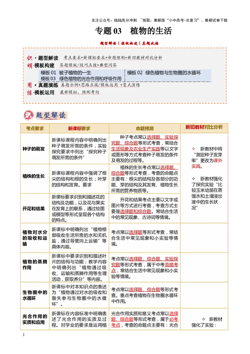 专题03植物的生活（3大模板）（原卷版）_02中考总复习（2026版更新中）_08-生物-中考总复习_2025中考复习资料_2025年中考生物答题方法模板
