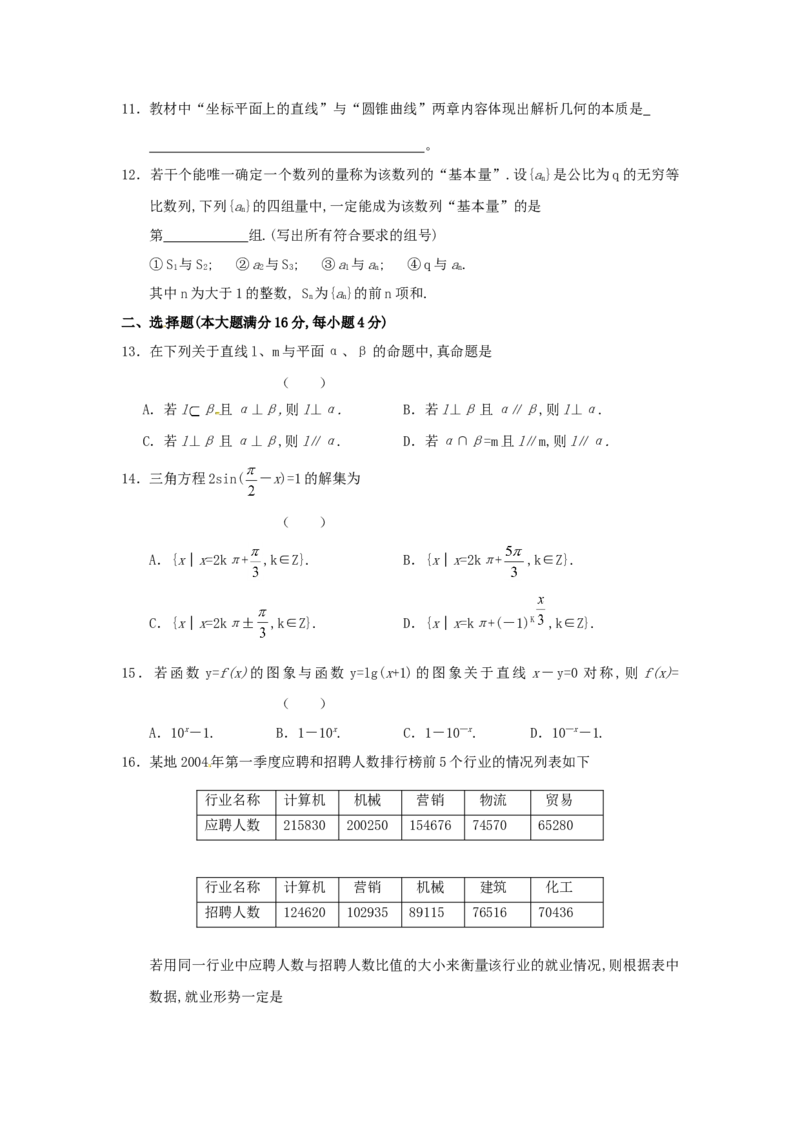 2004年上海高考数学真题（文科）试卷（原卷版）_全国卷+地方卷_2.数学_1.数学高考真题试卷_2008-2020年_地方卷_上海高考数学真题02-21