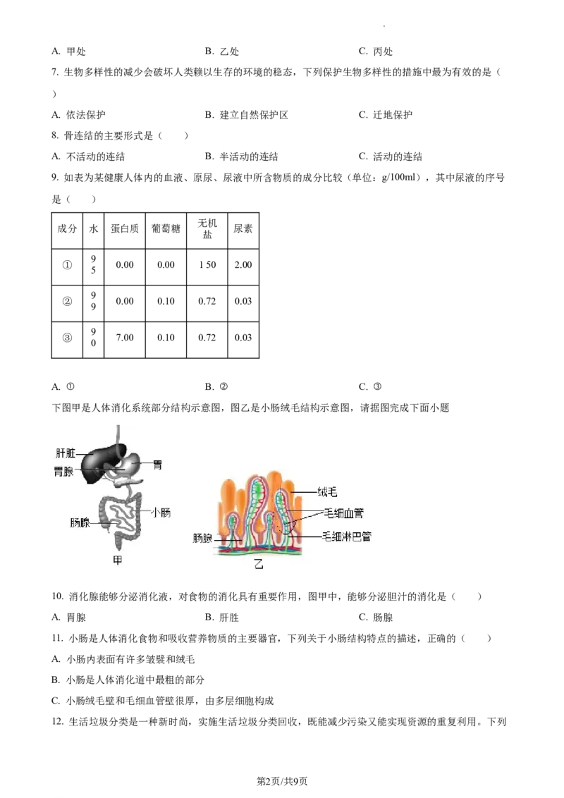 精品解析：2022年江苏省淮安市中考生物真题（原卷版）_江苏省中考_01江苏省13市中考历年真题2008-2025新_、中考全套_江苏省中考历年真题_江苏中考生物(2010年-2024年）_淮安生物真题