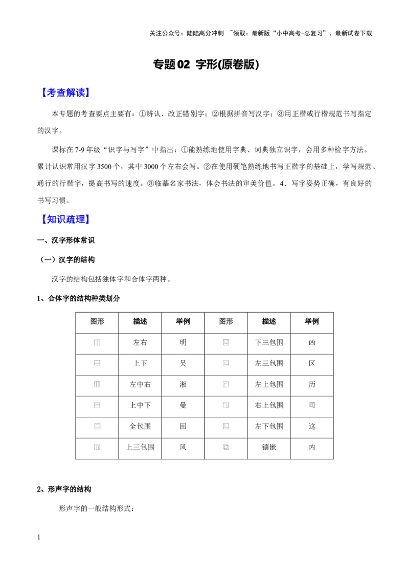 专题02字形（学生版）_02中考总复习（2026版更新中）_01-语文-中考总复习_2025年中考资料_备战2025年中考语文一轮复习考点突破（全国通用）