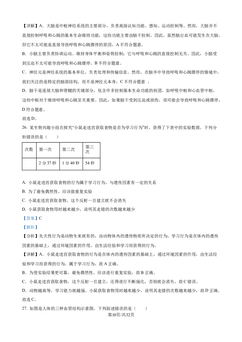 精品解析：2024年江苏省无锡市中考生物真题（解析版）_江苏省中考_江苏省中考历年真题_7.江苏中考生物(2010年-2024年）_无锡市中考生物真题{22＋24年}