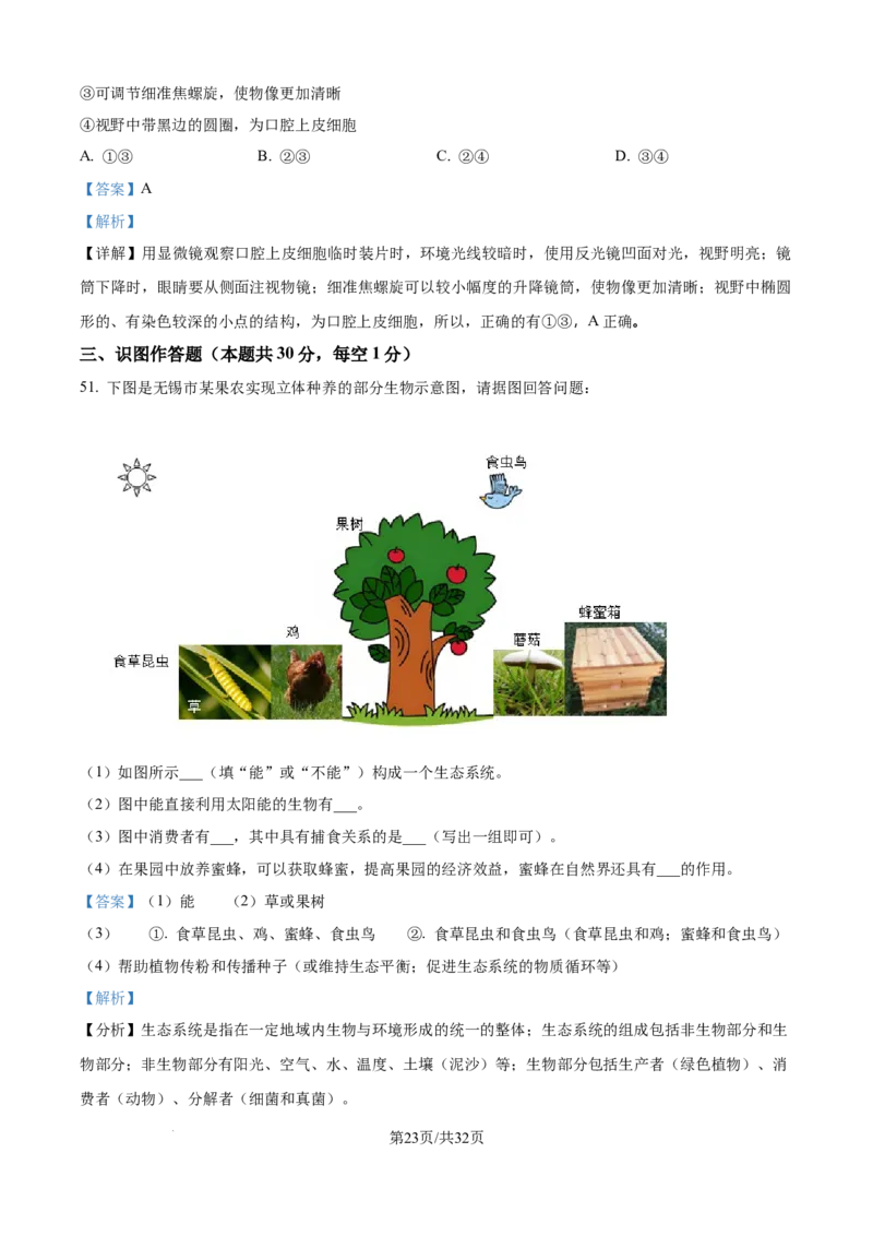 精品解析：2024年江苏省无锡市中考生物真题（解析版）_江苏省中考_江苏省中考历年真题_7.江苏中考生物(2010年-2024年）_无锡市中考生物真题{22＋24年}