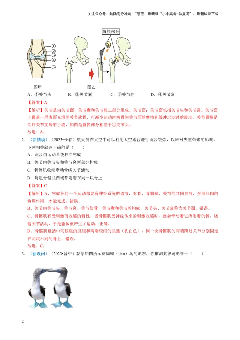 专题03动物的运动和行为、动物在生物圈中的作用（解析版）_02中考总复习（2026版更新中）_08-生物-中考总复习_2024年中考复习资料_专项复习_备战2024年中考生物真题题源解密