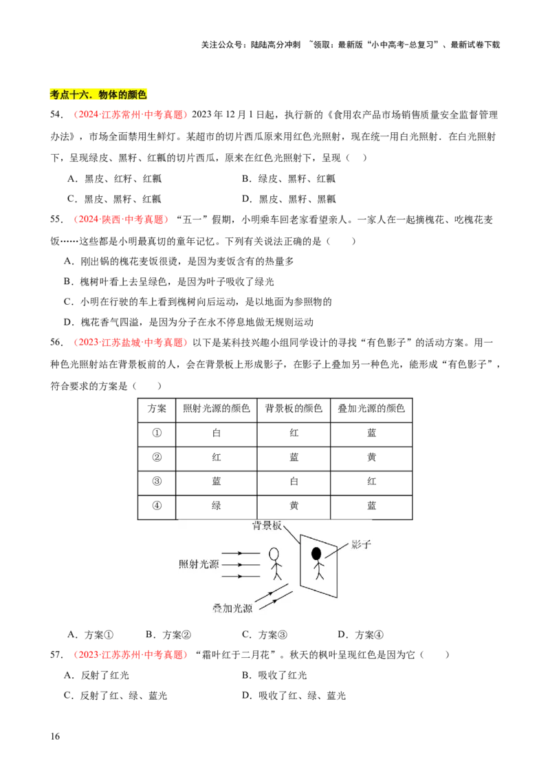 专题03光现象（二）（全国通用）（原卷版）_02中考总复习（2026版更新中）_04-物理-中考总复习_2026年中考复习（更新中）_好题汇编三年（2023-2025）中考物理真题分类汇编（全国通用）