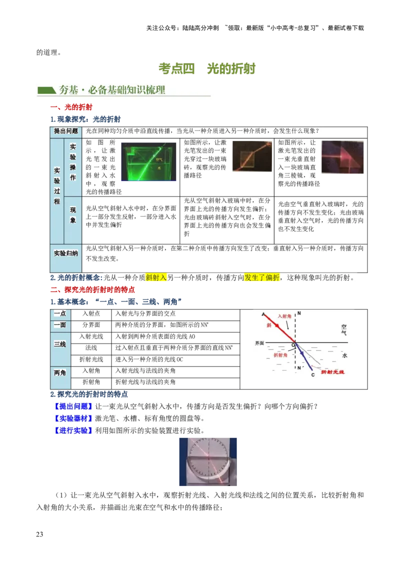 专题02光现象（讲义）（原卷版）_02中考总复习（2026版更新中）_04-物理-中考总复习_2024年中考复习资料_一轮复习_课件+讲义+练习2024年中考物理一轮复习讲练测（全国通用）