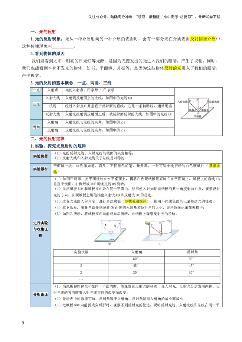 专题02光现象（讲义）（原卷版）_02中考总复习（2026版更新中）_04-物理-中考总复习_2024年中考复习资料_一轮复习_课件+讲义+练习2024年中考物理一轮复习讲练测（全国通用）