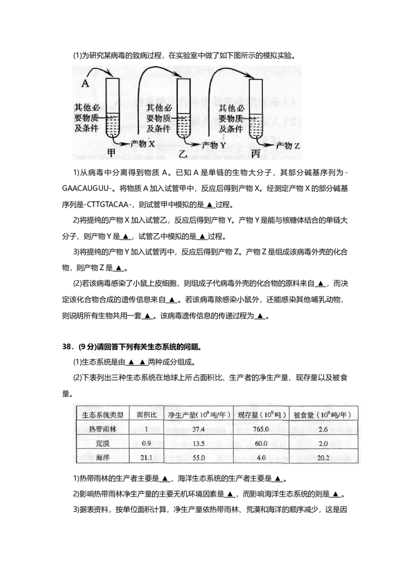 2006年上海市高中毕业统一学业考试生物试卷（原卷版）_全国卷+地方卷_6.生物_1.生物高考真题试卷_2008-2020年_地方卷_上海高考生物真题01-20